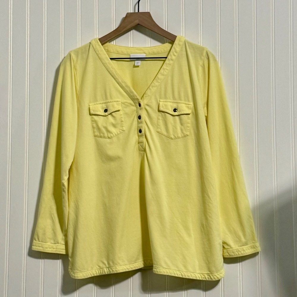 J. Jill Butter Yellow Cotton Henley Top‎ Petite Large L Long Sleeve Pockets